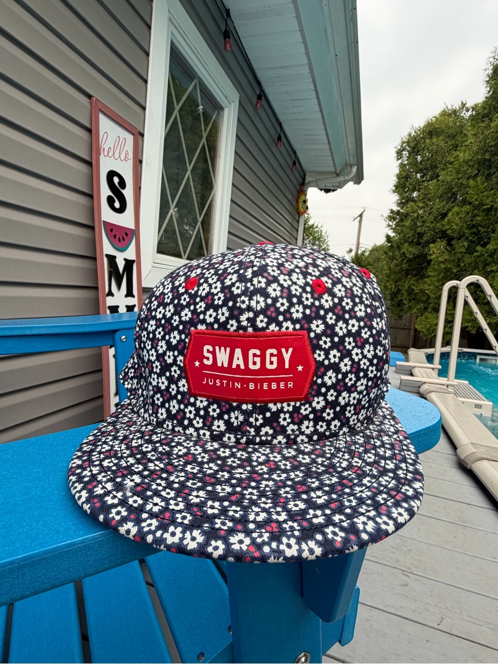 🔥Collectors item🔥 Justin Bieber Navy Floral SWAGGY 5-Panel Cap with Red Patch